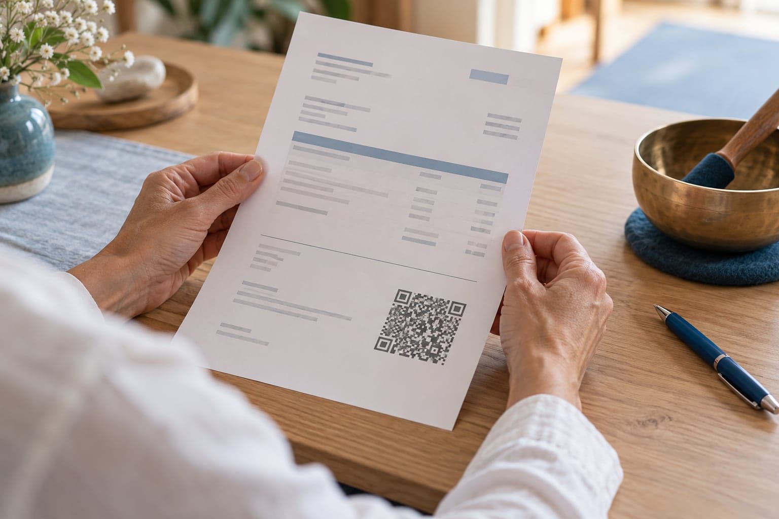 Hände halten eine Papierrechnung mit Swiss-QR-Code
